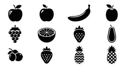 Collection of black fruit icons on white background with grapes pineapples arranged including apples bananas arranged three rows illustrations © Dipan