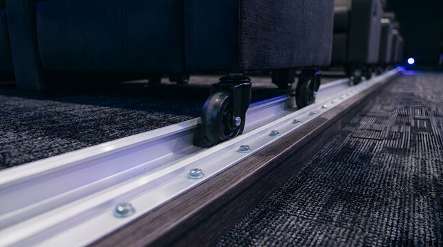 movable theater seating on floor tracks | heavy duty furniture caster wheels | sliding auditorium seat mechanism | adjustable commercial furniture installation