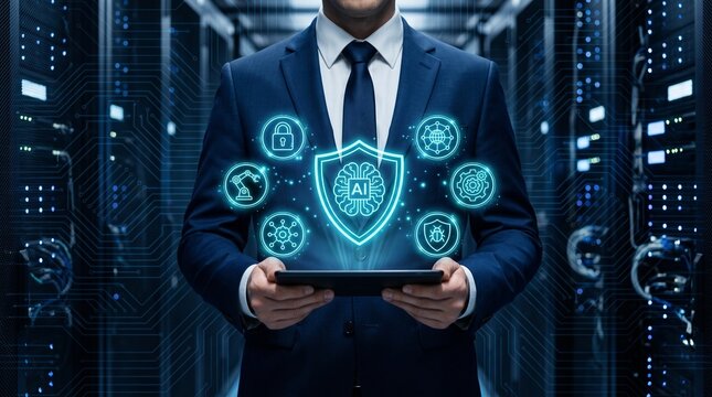 Business professional holding futuristic AI interface hologram. Executive using digital innovation technology for data analysis and automation solu...