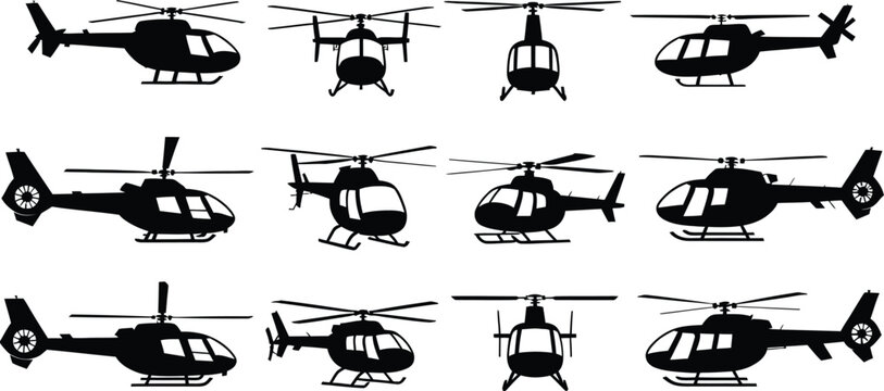 Helicopter Silhouette Icon Set, Aviation Aircraft Side and Front View Vector Collection