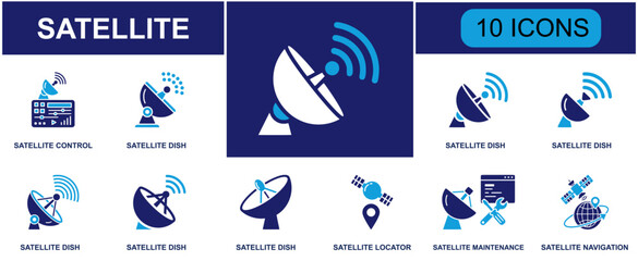 Satellite communication icon set. Containing control panel, satellite dish, signal receiver, locator, tools, navigation, ground station, radio antenna and more. Solid fill vector icons. © Jessica
