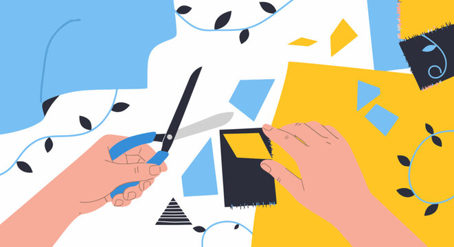Hands using scissors to cut colorful paper shapes for a craft project