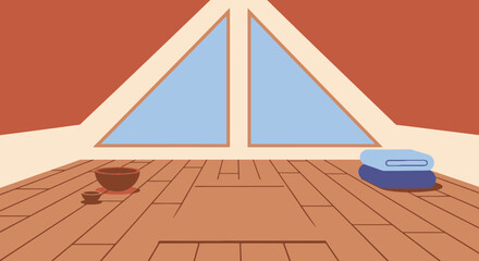 Minimalist yoga studio interior in attic with wooden floor and windows © Lomaribututut