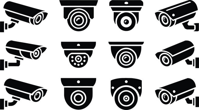 CCTV Security Camera Icon Set, Surveillance Camera Vector Collection Isolated on White Background