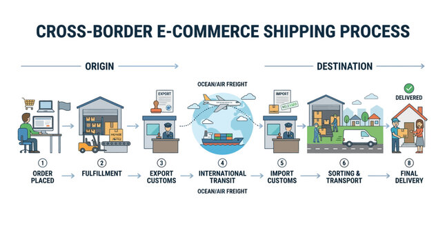 Detailed Infographic of the Global Cross-Border E-commerce Logistics and Shipping Workflow