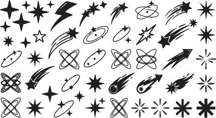 Star icons collection featuring various black vector shapes including shooting stars sparkles flashes and orbital rings isolated on a clean white background for graphic design projects © Ajoy
