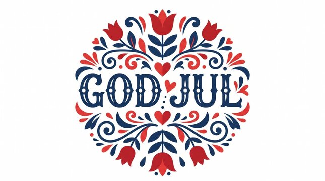 Scandinavian God Jul Christmas Greeting With Floral Folk Art