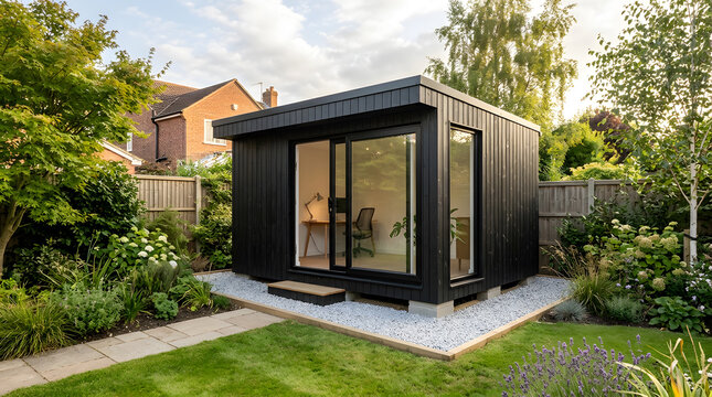 modern garden office pod design | backyard home office shed with glass doors | contemporary black wooden garden studio | sustainable outdoor workspace ideas