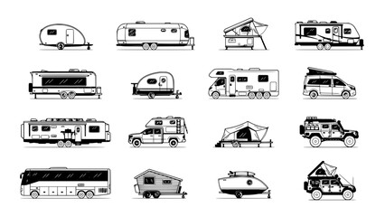 Obraz premium Travel Trailers and Campers in Various Styles and Designs Featuring Vehicles, Camping, Road with Trip and Adventure Elements