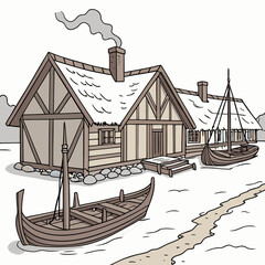 A hand-drawn of a medieval timber-framed house with a snowy roof, featuring wooden boats docked near a frozen riverbank scene