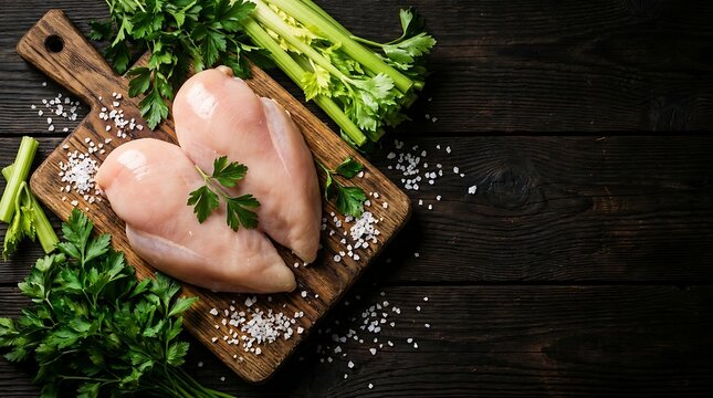 Raw chicken breasts on wooden board with fresh herbs and seasoning ingredients seasoning culinary