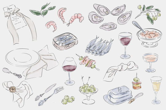 Watercolor Seafood and Tableware Clipart Collection