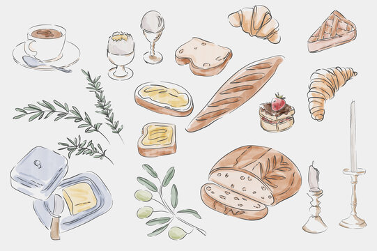 Watercolor Bakery and Breakfast Clipart Set