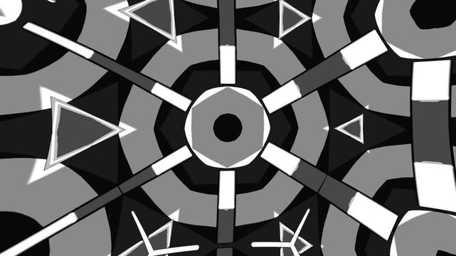 Abstract Monochrome Kaleidoscope Composition with Repeating Geometric Patterns, Soft Gray Tones and Dynamic Animation