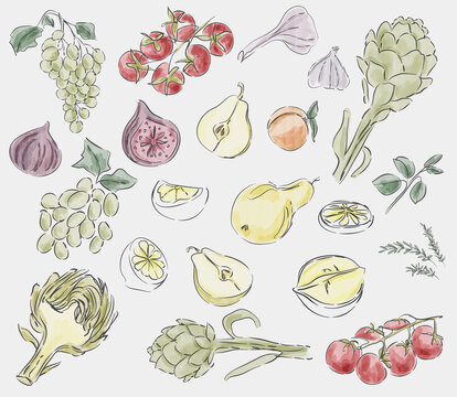 Watercolor Mediterranean Fruits and Vegetables Clipart Set