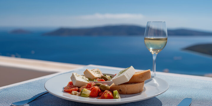 A glass of white wine sits beside feta cheese and bread on a terrace with a breathtaking view of the Aegean Sea.