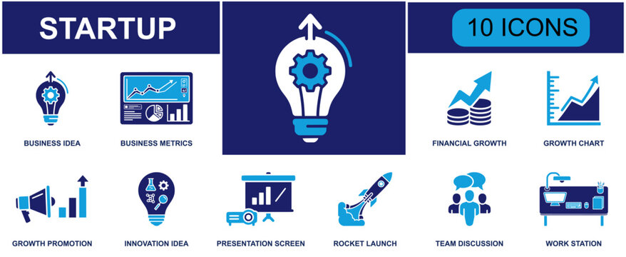 Modern startup business icon set. Containing idea, metrics, finance, growth chart, promotion, innovation, presentation, rocket launch, team discussion and more. Solid fill vector icons.