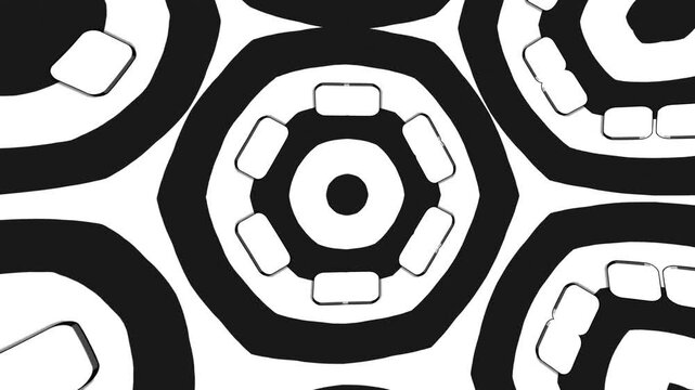 High Contrast Grayscale Kaleidoscope Background with Cartoon Inspired Geometric 3D Shapes and Seamless Abstract Motion