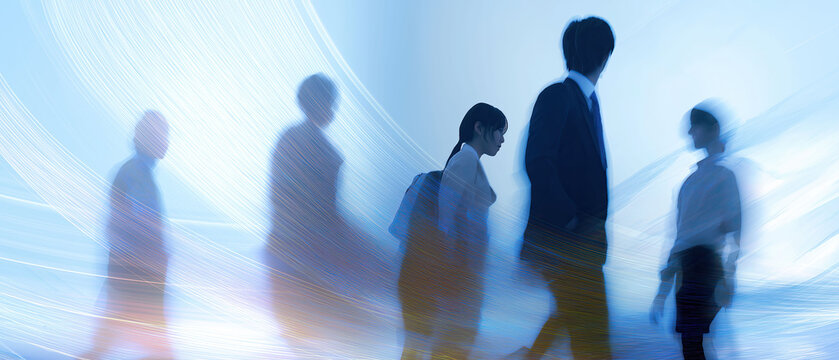 Blurred silhouettes of business people walk through a bright abstract space, conveying motion, speed, and corporate energy.
