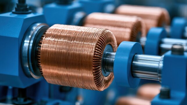 Close-up view of copper wire coil wrapped around mechanical rotor shaft in industrial manufacturing machinery with blue metal frame in factory setting