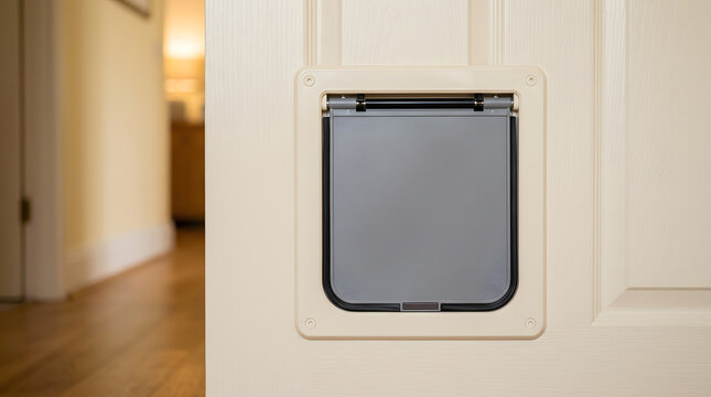 cat flap installed in white interior door | grey plastic pet door for small dogs | home improvement pet access solution | indoor magnetic locking cat door