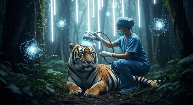 Veterinarian using futuristic scanning technology for tiger conservation in a lush jungle setting, representing advanced wildlife care.