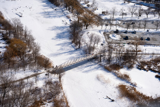 Aerial View of Mimico Creek Bridge in Winter, Toronto