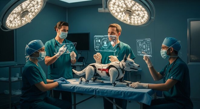 Veterinary surgeons using holographic technology to operate on a robotic dog in a modern operating room