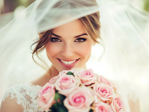 Beautiful Bride Smiling with Pink Roses beneath Elegant Veil.