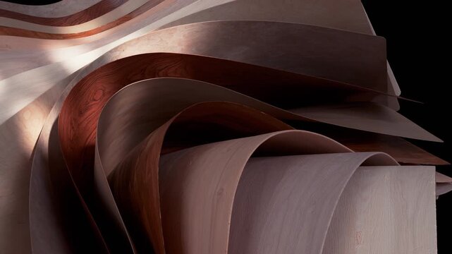 Curved sheets of wood veneer in warm brown and cream tones ripple and overlap in a smooth abstract motion.
