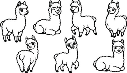 Naklejka premium Line art illustration of six cute llamas in playful poses for vector design
