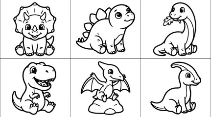 Grid of six cute dinosaur line art illustrations for kids in vector style © Royal Ability