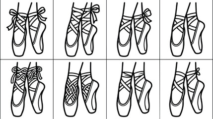 Line art ballet pointe shoes with ribbons in multiple poses, vector illustration © Royal Ability