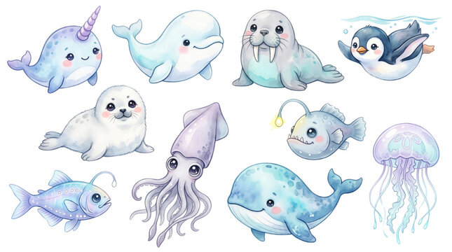 Kawaii Polar and Deep-Sea Animal Collection with 10 Watercolor Illustrations