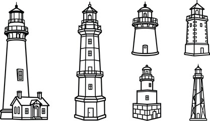 Obraz premium Line art vector of seven lighthouse illustrations with varied shapes and heights