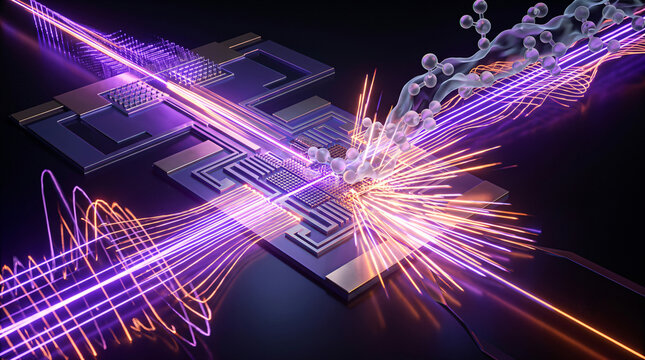 HDR photography of a photonic chip driving synthetic material assembly in glowing neon abstract style