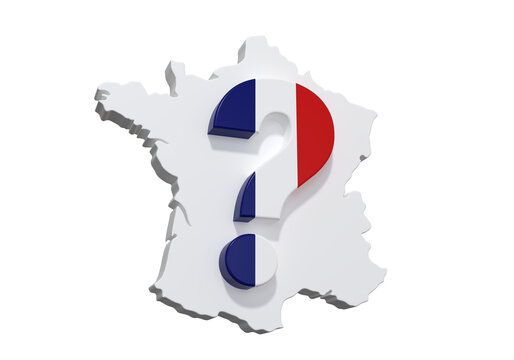 Carte de France blanche avec un point d'interrogation bleu, blanc et rouge pour illustrer l'incertitude des &eacute;lections pr&eacute;sidentielles - rendu 3D