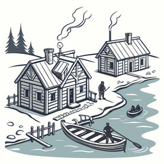 Black and white line of a snowy village with wooden cabins, smoke from chimneys, a pier, and people rowing boats on water ©  AMINA 1122