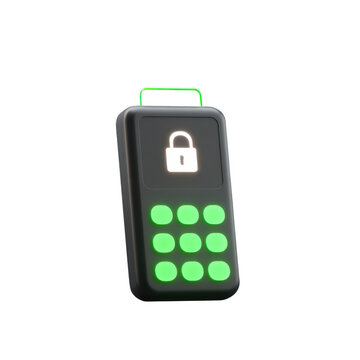 Glossy Black 3D Payment Terminal with Lock Icon and Green Buttons, isolated on transparent background.