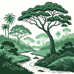 Hand drawn style of a peaceful river flowing through a lush green forest with palm trees and dense vegetation in the scene ©  AMINA 1122