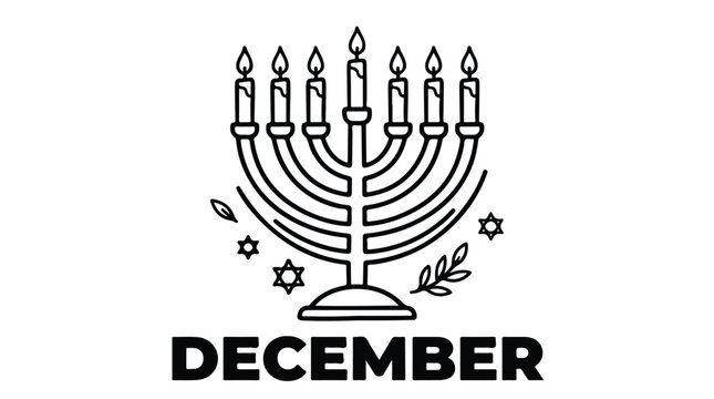 Hanukkah menorah line art vector, Jewish holiday chanukiah with burning candles, December festival of lights illustration with Star of David