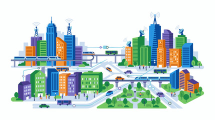 Obraz premium A modern connected cityscape with buildings trains cars and buses