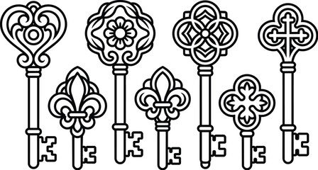 Six ornate keys with fleur de lis and floral engravings in black line art vector © Royal Ability