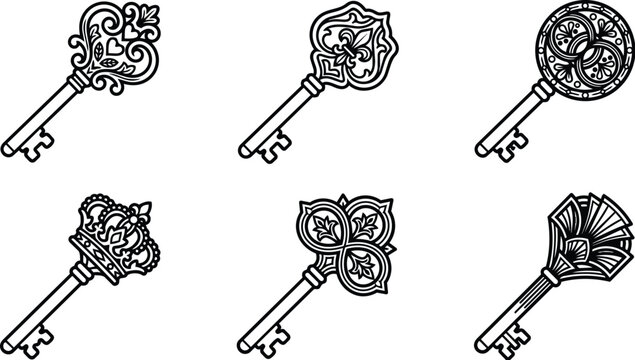 Three ornate keys with intricate filigree designs in line art style monochrome