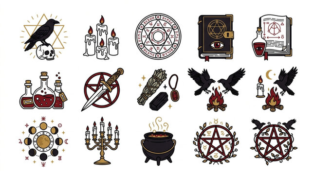Mystical Symbols and Objects Collection for Occult and Witchcraft Themes.