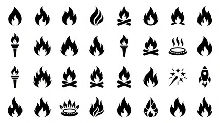 Fototapeta premium A premium collection of stylized fire flame vector icons featuring bold black silhouette designs with dynamic flame shapes, blazing fire symbols, heat icons, burning flames, and abstract combustion gr