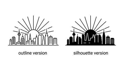 Cityscape Horizon: A striking graphic representation showcasing two distinct interpretations of a cityscape at sunrise or sunset, one rendered in outline and the other as a solid silhouette. © afrin