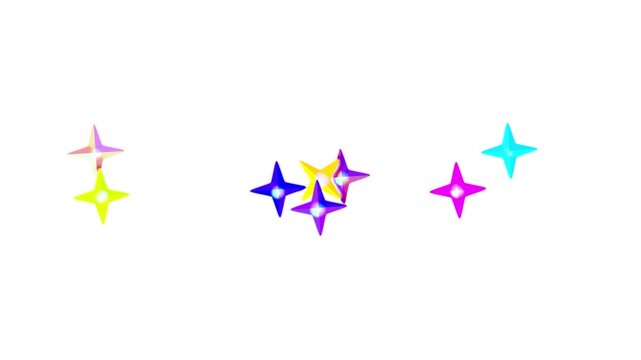 Sparkle colorful stars pop animation on white background, twinkling star loop overlay, neon multicolor glitter motion graphics, fantasy cartoon light element multiply blend transition asset pack. 4k 