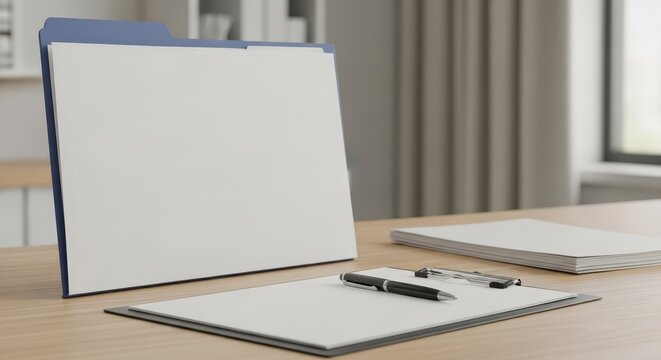 Clean office desk with blank document, pen, and folder, ready for notes and information