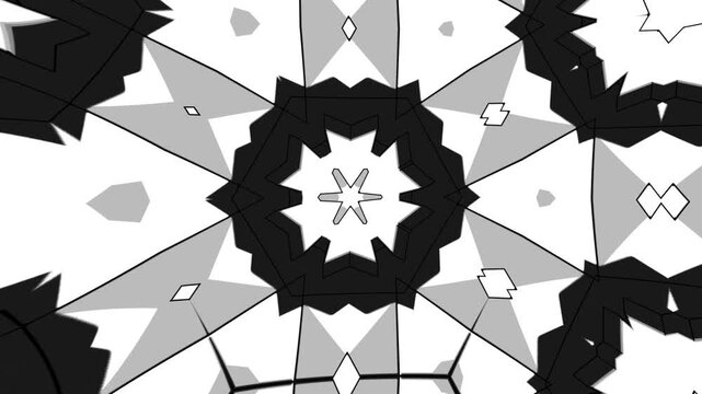 Monochrome Kaleidoscopic Motion Background with Cartoon Style Geometric Forms and Dynamic Black Gray White Composition